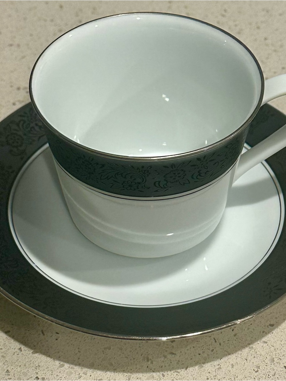 Noritake White Porcelain Teacup and Saucer Silver Trim